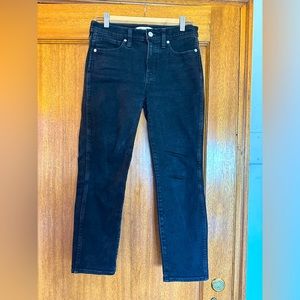 Madewell black jeans, Mid-rise Stovepipe, 26P. Straight leg. Ankle length.